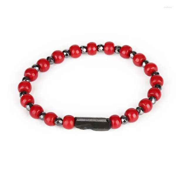 Hebra de 6 mm de cuentas de coral rojo planas y gruesas, alternativa de 4 mm, hematita facetada negra natural, piedra curativa, pulsera de energía para hombre y mujer