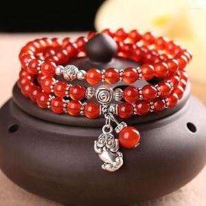 Bracelet en calcédoine naturelle brin 6MM trois cercles pendentif en argent tibétain multicouche femmes hommes bijoux faits à la main en gros