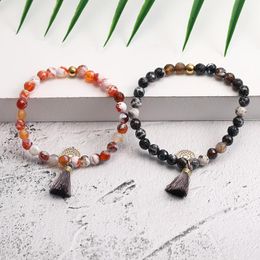 Strand 6mm natuursteen kralen armbanden armbanden kwast elastisch touw energie agaat hanger sieraden cadeau met kaart voor vrouwen mannen