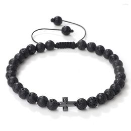 Strand 6mm Naturel Volcanique Pierre De Lave Bracelet À La Mode Hommes Hématite Croix Pendentif Oeil De Tigre Perles Bracelets Tressés Femmes Yoga Bijoux