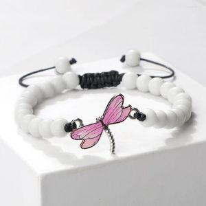 Strand 6mm Wit Porselein Kralen Armband Multi-Color Dragonfly Hanger Handgemaakte Verstelbare Gevlochten Armbanden Voor Vrouwen Mannen Vintage Geschenken