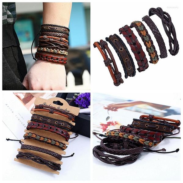 Brin 6 pièces/ensemble mode Wrap tissé à la main hommes Bracelets hommes femmes Bracelet en cuir Bracelet en gros bijoux Pulseira Masculina