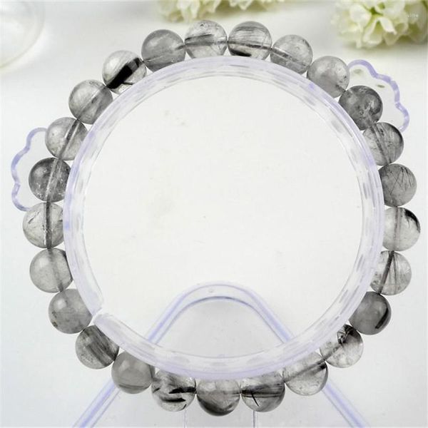 Brin 7.5mm véritable brésil naturel gris aiguille cheveux rutile Quartz cristal extensible charme Transparent rond perle Bracelet