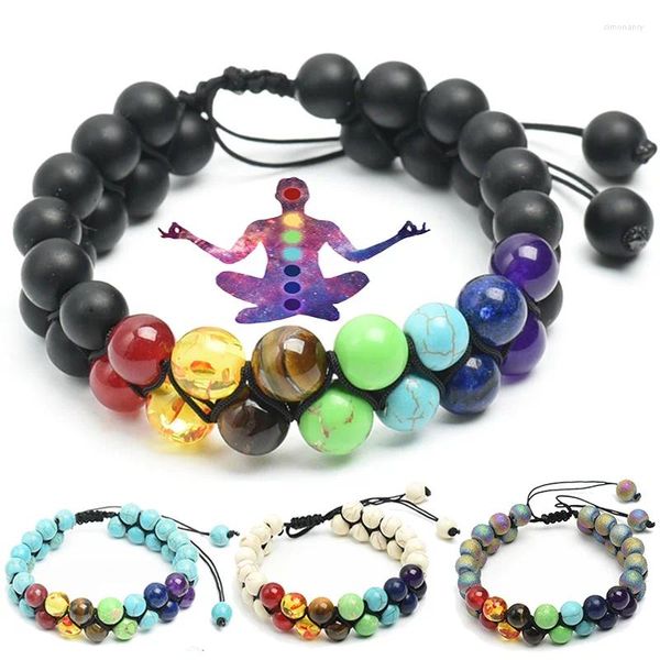 Strand 7 Chakra Perles Lava Rock Bracelet 8mm Double Couche Rangée Réglable Unisexe Yoga Pierre Énergie Guérison Bracelets Bijoux Cadeau