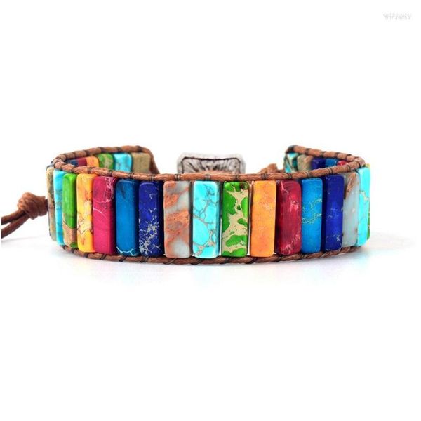 Pulsera de 7 Chakras, joyería, cuentas de tubo de piedra Natural, pulseras de envoltura de cuerda no de cuero, brazalete para parejas Unisex, regalos de joyería