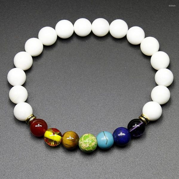 Strand 7 Chakra pulsera hombres blanco Tridacna Healing Balance Beads Reiki Buddha oración piedra Natural Yoga para mujeres hecho a mano