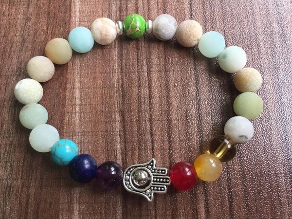 Pulsera de 7 chakras de hebra, palma de 8MM, piedra Natural mate, pulseras de amazonita, oración, Yoga, muñeca, cuentas Mala, meditación