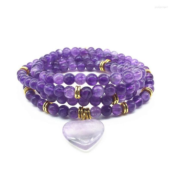 Strand 74cm Purple Beads Yaga Pulseras para mujeres Natural Amethyste Crystal Heart Pendant Charm Bracelet No Glass Really Stone