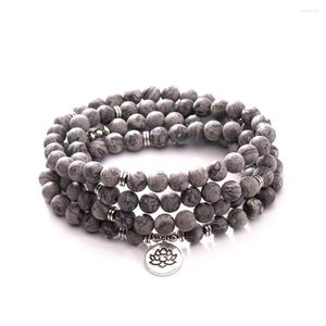 Pulsera de piedra de mapa Natural 108 de 8m para hombre, collar con colgante de loto de Yoga, curación de chakras, meditación, joyería para hombre