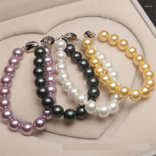 Hebra 8mm 10mm blanco rosa púrpura negro concha redonda pulsera de perlas para mujeres elegante brazalete de cuentas fiesta aniversario joyería de boda