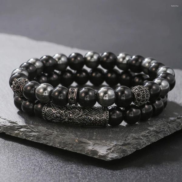 Pulsera de cuentas negras de 8mm para hombre, conjunto Natural de circonita con microincrustaciones de piedra esmerilada, joyería elástica