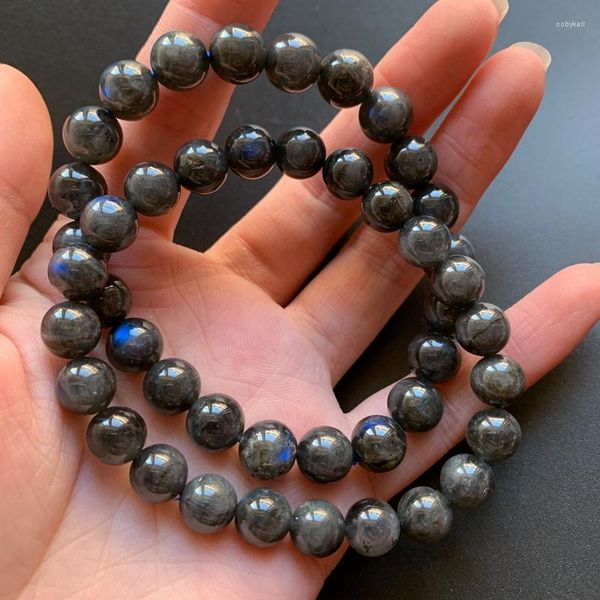 Strand 8mm Black Moonstones Pulsera Flash Labradorite Stones Braceelts Stretch Natural Round Beads Muñeca Joyería Hombres 1pc
