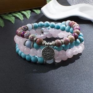 Strand 8mm keizer Jasper Blue Turquoise Rose Quartz Kralen Elastische armband 108Mala Meditatie Yoga Helende sieraden Lotus Boeddha Charm