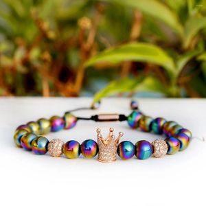 Pulseras redondas de hematita de colores degradados de 8MM para mujeres y hombres, cuentas de bola de discoteca de corona de lujo, joyería de cordón trenzado ajustable