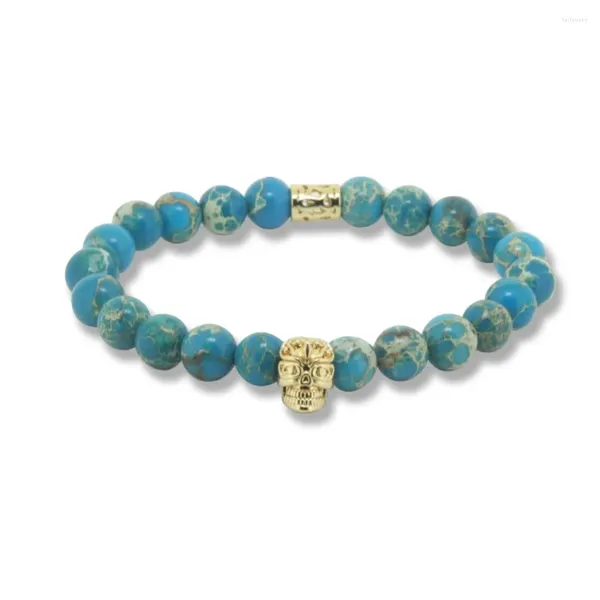 Bracelet de perles en pierre Turquose naturelle pour femmes, brin de 8mm, couleur or Antique 24k, bijoux de haute qualité pour hommes