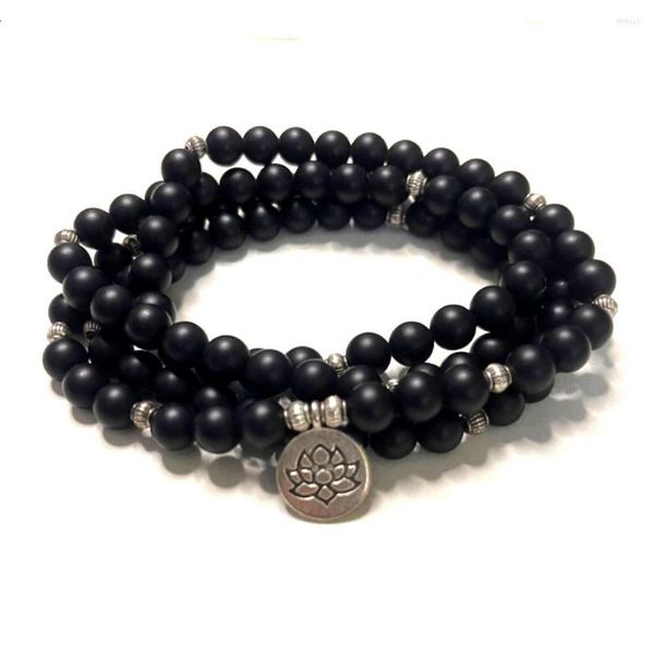 Hebra de 8mm Mattle negro ónix 108 Mala pulsera de cuentas meditación Yoga oración joyería cordón elástico envoltura Japamala Rosario