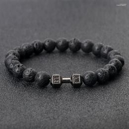 Strand 8mm Natural Black Lava Stone Mancuernas Pulsera Para Mujeres Hombres Encanto Tibetano Budista Elástico Brazalete Fitness Barbell Joyería Regalo