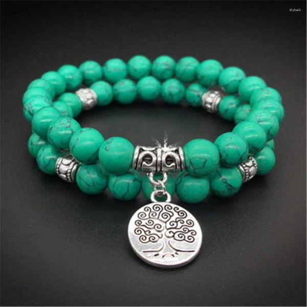 Ensemble de bracelets en pierre verte naturelle, brin de 8mm, pendentif arbre d'ascenseur, Chakra Yoga, bijoux unisexes, vente en gros