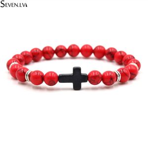 STRAND 8MM NATUURLIJKE STEEN ZWARTE Kruis hanger armband gemengde kleur kralen elastische bedelarmbanden mode sieraden geschenken voor mannen kralen strengen