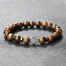 Strand 8mm Bracelet en pierre naturelle pour hommes femmes classique hématite croix pendentif prière méditation Yoga perles en bois bracelets bijoux cadeau