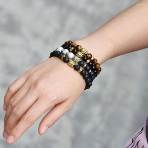 Pulsera de mujer con cabeza de Metal de Color dorado y plateado de piedra Natural de 8mm, pulseras de cuentas de ojos de tigre negro, brazaletes para hombre, bisutería