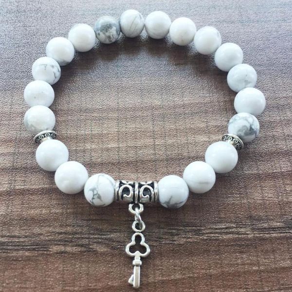 Strand 8MM piedra natural blanca Howlita pulsera amor llave colgante redondo grano oración Mala cuentas pulseras Yoga