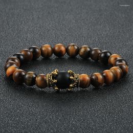 STRAND 8MM Tiger Eye Stone Black Onyx Bracelet For Men Fashion Gold Color King Crown Natural Lava Rock kralen Schakelbanden Sieraden Pulseira