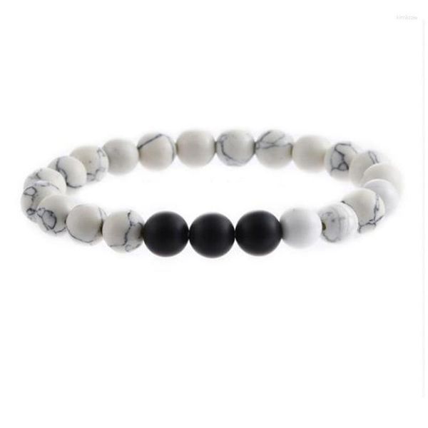 Pulseras de piedra negra glaseada de turquesa blanca de 8 mm, elásticas, 12 unidades por paquete