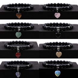 Bracelet de perles en pierre noire de 8mm, 8 pièces, breloques en forme de cœur d'amour, Quartz Rose, œil de tigre, Agate rouge, bijoux extensibles pour femmes et hommes