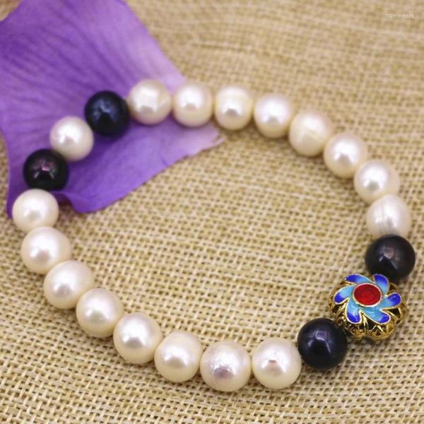 Strand 9-10mm Natural White Black Nearround Pearl Beads Bracelet Bangle Gold-color Cloisonne Fashion Jewelry 7.5inch B3095