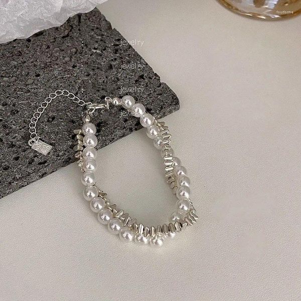 Brin 925 en argent Sterling Double couche Bracelet de perles pour les femmes fille conception perle bijoux coréens breloque goutte