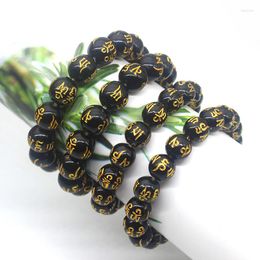 Strand Geavanceerde 12mm Imitatie Obsidiaan Vergulde Zes Karakter Mantra Armband Hand String Boeddha Kralen Voor Mannen En Vrouwen