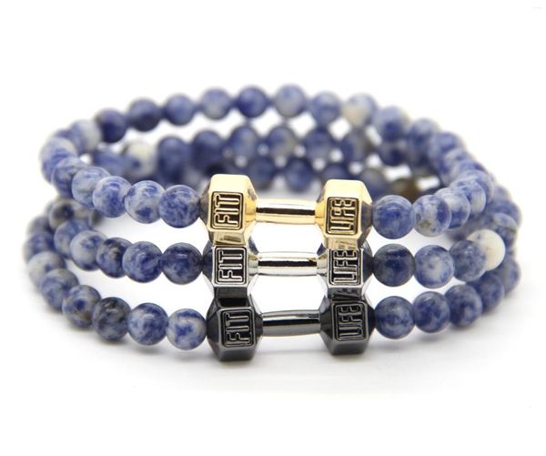 Strand Ailatu 2023 Hommes Puissant Barbell Cadeau Bijoux En Gros 6mm Bleu Pierre Perles Avec Alliage Fitness Haltère Bracelets