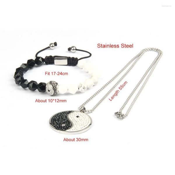 Strand Ailatu Taichi Yingyang Collar Conjuntos Pulsera Onyx Howlita Cuentas de piedra Acero inoxidable con corte facetado de 8 mm Metal negro