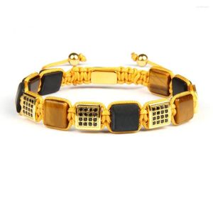 Strand Ailatu vente en gros 10 pièces de luxe hommes Bracelet noir Cz carré plat perle jaune macramé Bracelets 10mm perles de pierre naturelle