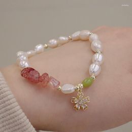 Strand ALLME Exquisite Helder Roze Groen Natuursteen Zoetwater Parel Kralen Armband Vrouwen CZ Zirkoon Bloem Hart Armbanden