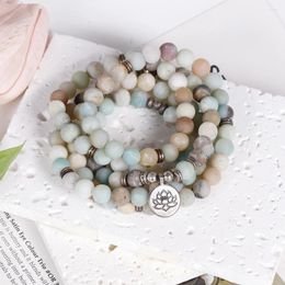 STRAND Amazonite 108 Mala Gebed kralen Bracelet Energie met Lotus Yoga Meditation Necklace Sieraden voor vrouwen