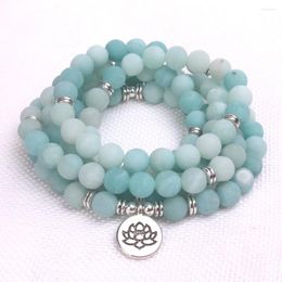 Bracelet de perles Mala en pierre naturelle d'amazonite, collier, breloque OM Lotus bouddha, méditation, 108mala Yoga