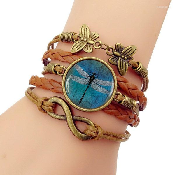 Hebra ámbar azul libélula arte cuero pulsera Color libélulas pulseras cristal cabujón joyería artesanal