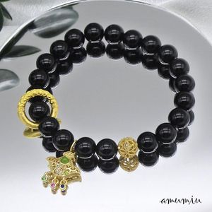 Strand AMUMIU 8mm Bracelet Perlé Pour Femme Extensible Pierre Noire Style Boho - Apportez Bonne Chance Richesse Prospérité