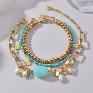 Strand ANEEBAYH, conjunto de pulseras de cadena de cuentas de acero inoxidable con perlas de piedra Natural azul bohemio para mujer, regalo de joyería chapado en oro de 14k