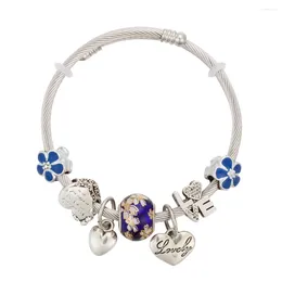 Strand Annapaer Fashion Réglable en acier inoxydable Bracles Boule bleu coeur doux avec fleurs Bracelet Fit Pan Bangle Cadeaux pour les femmes