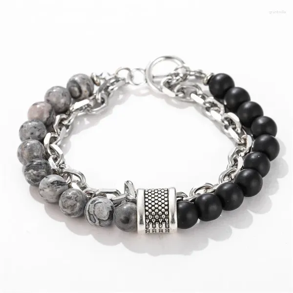 Strand AOMU – Bracelet à chaîne couleur argent pour hommes et femmes, Style Simple, breloque Punk, pierre givrée noire, perlée à la main, accessoire de fête