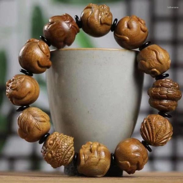 Hilo de pulsera del zodiaco de sándalo verde argentino, pulsera de madera tallada a mano, cuentas de Buda del año de vida