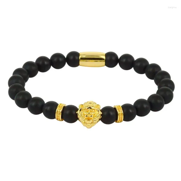 Hebra llegada clásica gema de la suerte 8mm negro Natural Onyx piedra pulsera de cuentas hombres León encanto Mantra oración