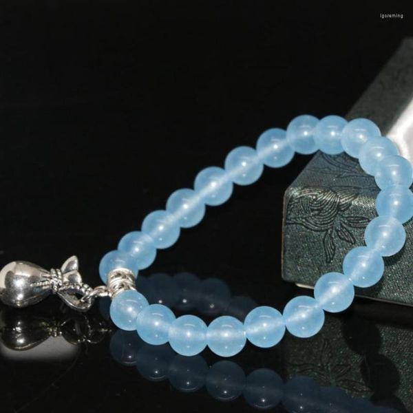 Brin Arrivée Conception Spéciale Bleu Clair Pierre Jades Calcédoine Perles Rondes 8mm Élastique Bracelet Bijoux 7.5 pouces B2023