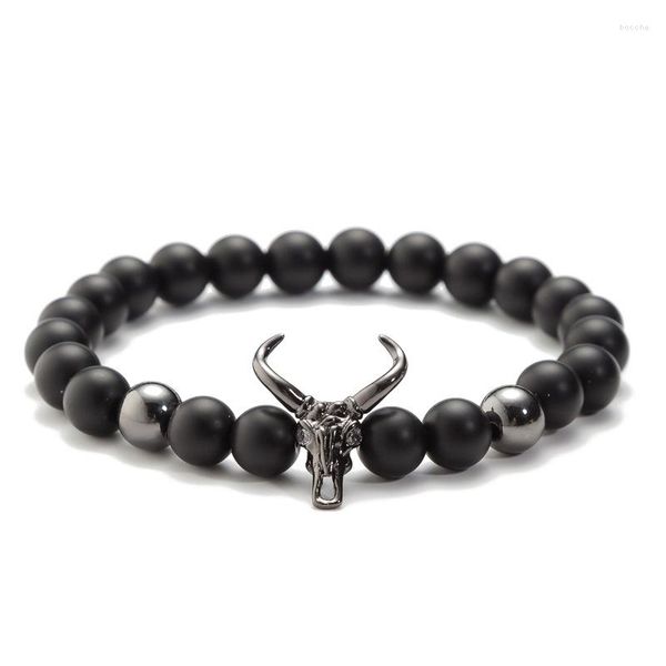 Strand Ashmita Bull Head Skull Men Pulsera 8 mm Beads de piedra de lava Pulseras Matte Onyx Beade Bangles Joyería