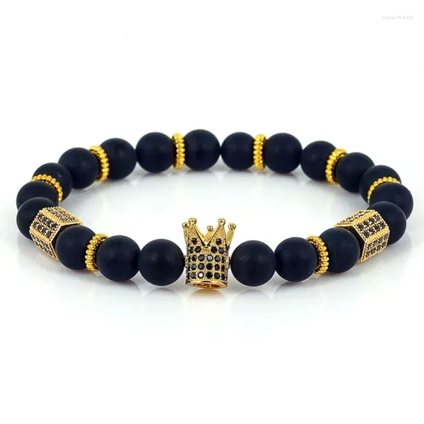 Strand Atolyestone Encantos geométricos Hombres Mujeres Negro CZ Corona Pulsera Natural 8 mm Mate Onyx Piedra Cuentas Pulseras Pulseira Masculina