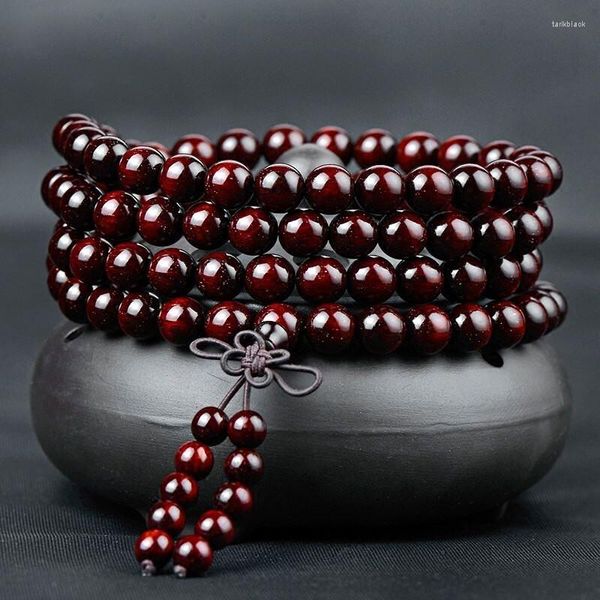 Strand Bracelet authentique en bois de santal rouge à petites feuilles avec 108 perles
