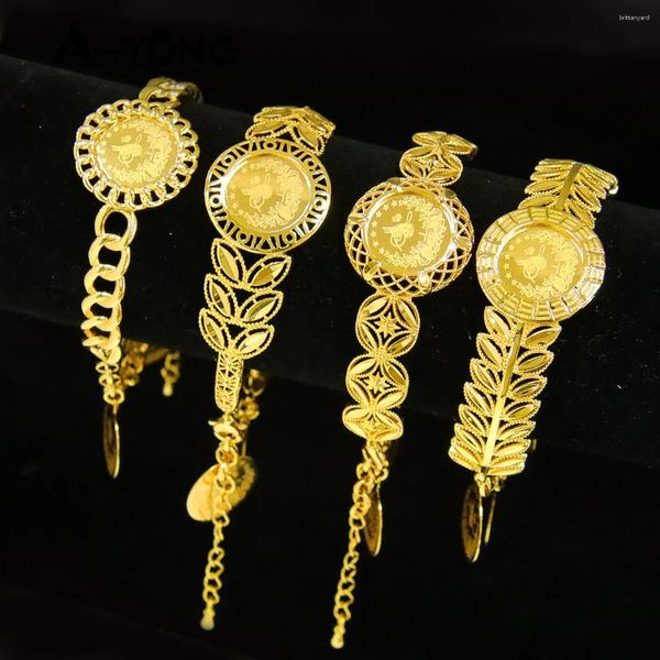 Strand AYONG Pulsera de monedas árabes Hoja chapada en oro de 21 quilates Ahueca hacia fuera Turco Dubai Brazaletes elegantes Brazaletes Mujeres Festival Regalos de fiesta de bodas